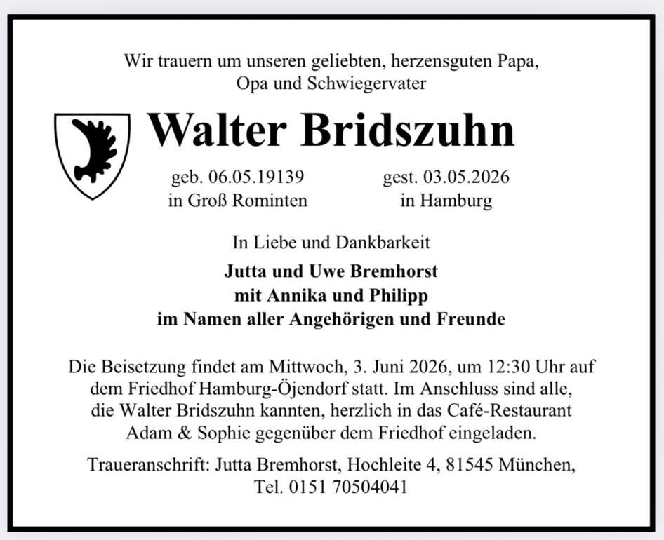 Todesanzeige Walter Bridszuhn